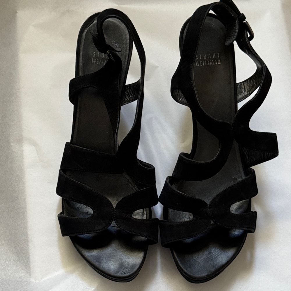 Stuart Weitzman‎ Black suede Strappy sandals Heels Slingback shoes Sz 11